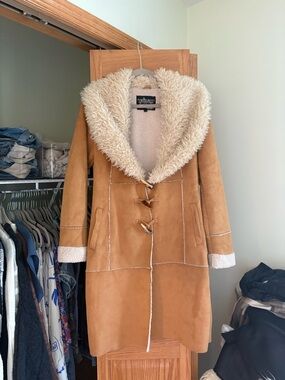 Women’s Tan Teddy Toggle Coat with Cream Sherpa Trim